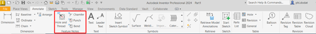 Giao diện Feature Notes trên Inventor Professional