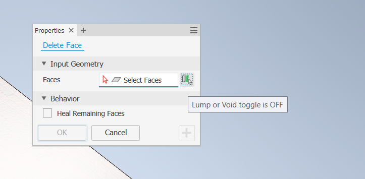 Tùy chọn Lump or Void toggle is OFF trong tính năng Delete Face
