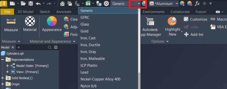 Cách thay đổi vật liệu bằng lựa chọn dropdown