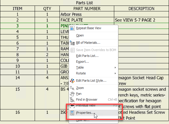 Chỉnh sửa nhanh giá trị iProperties từ Part List trên Inventor 2025.1