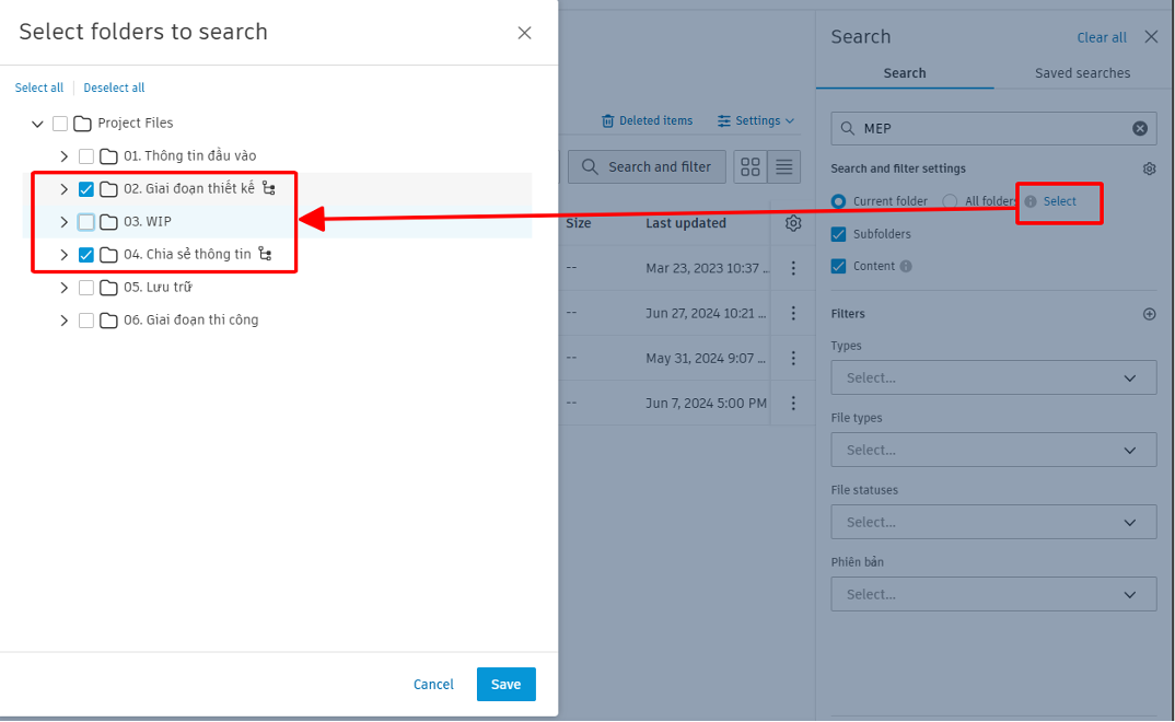 Chủ động lựa chọn thư mục muốn tìm kiếm thông tin trong Search