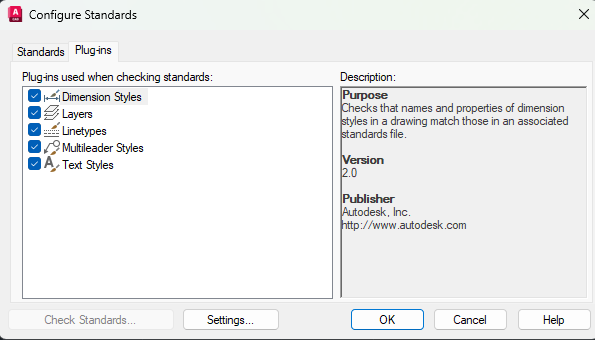 Danh sách các tiêu chí mà CAD Standards hỗ trợ kiểm tra trong tab Plug-ins