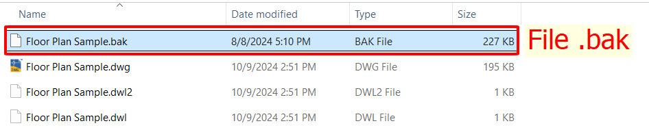 File .bak được lưu cùng vị trí của file gốc