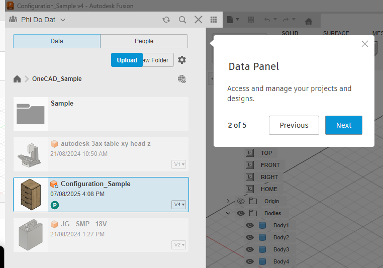 Giao diện Data Panel – nơi truy cập và quản lý dữ liệu thiết kế trong Autodesk Fusion