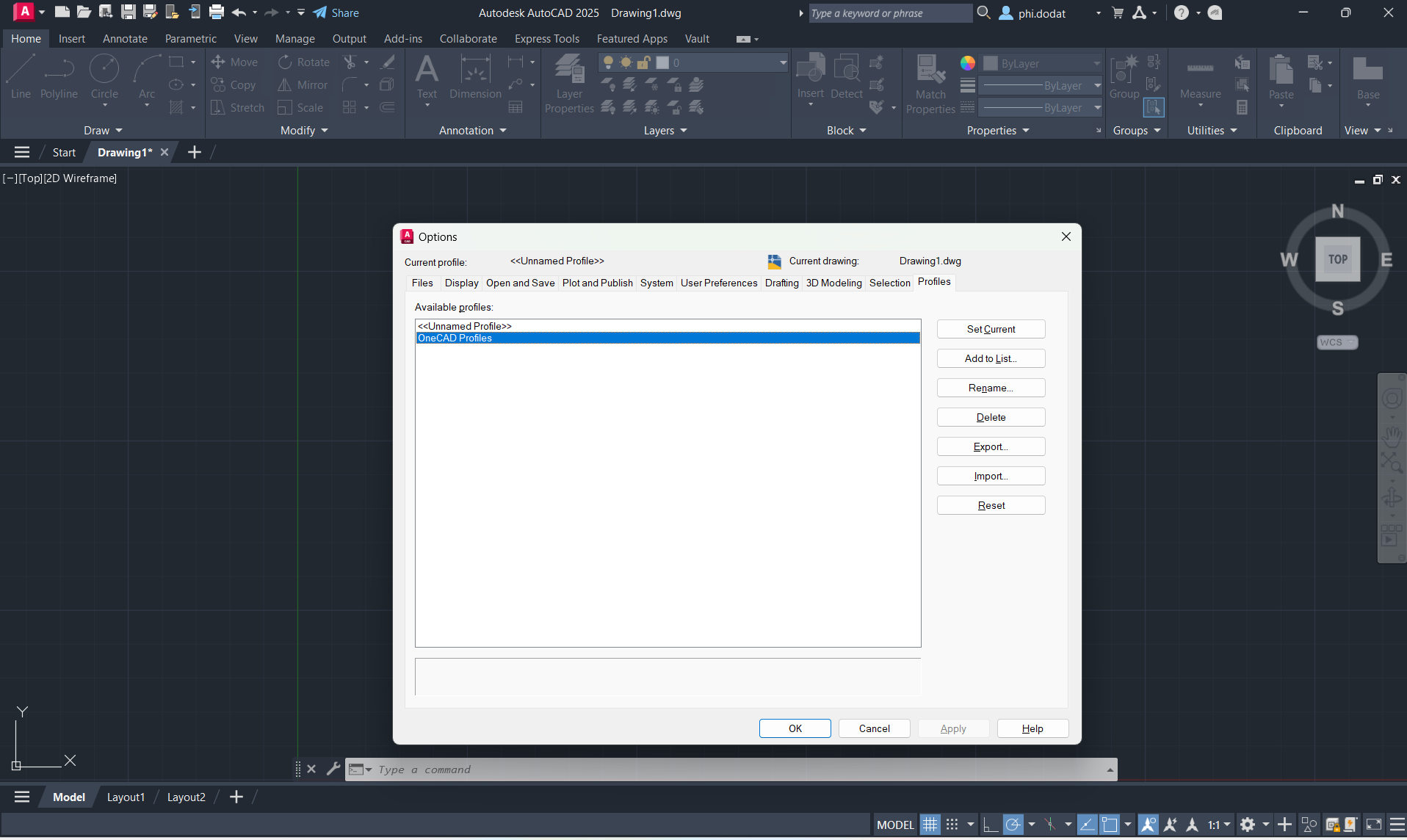 Giao diện profiles trên AutoCAD