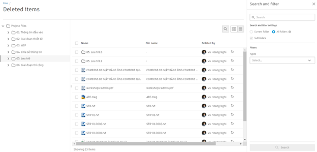 Giao diện tìm kiếm trong Delete items