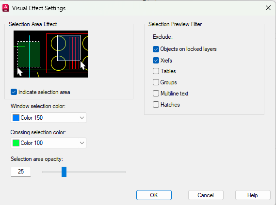 Giao diện Visual Effect Settings dùng để kiểm soát Selection Preview trong AutoCAD