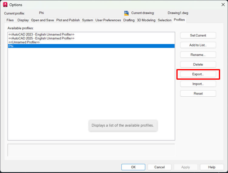 Hình ảnh minh hoạ export Profiles trên AutoCAD