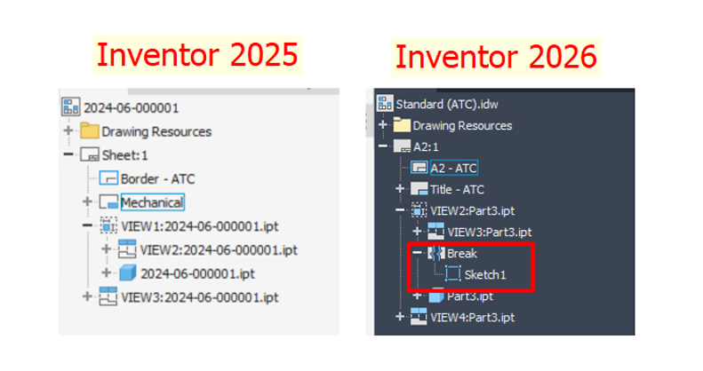 Hình ảnh mô tả tính năng Break được lưu lại trong Model Browser trên Inventor 2026