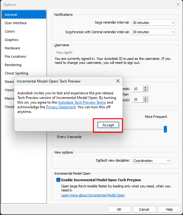 Kích hoạt tính năng Incremental Model Open và chấp thuận các điều khoản Autodesk Tech Preview.