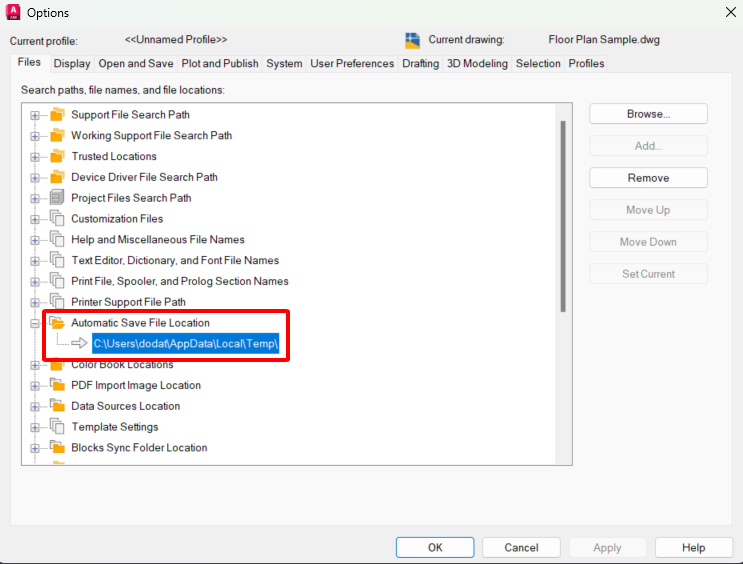 Kiểm tra vị trí lưu file Autosave trong AutoCAD