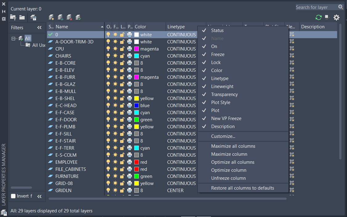 Menu quản lý cột trong Layer Properties Manager.