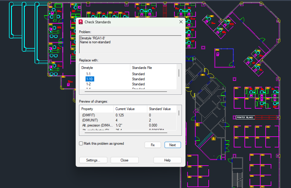 Minh họa giao diện Check Standards trong AutoCAD – nơi liệt kê các sai lệch tiêu chuẩn giữa file hiện tại và file tiêu chuẩn.
