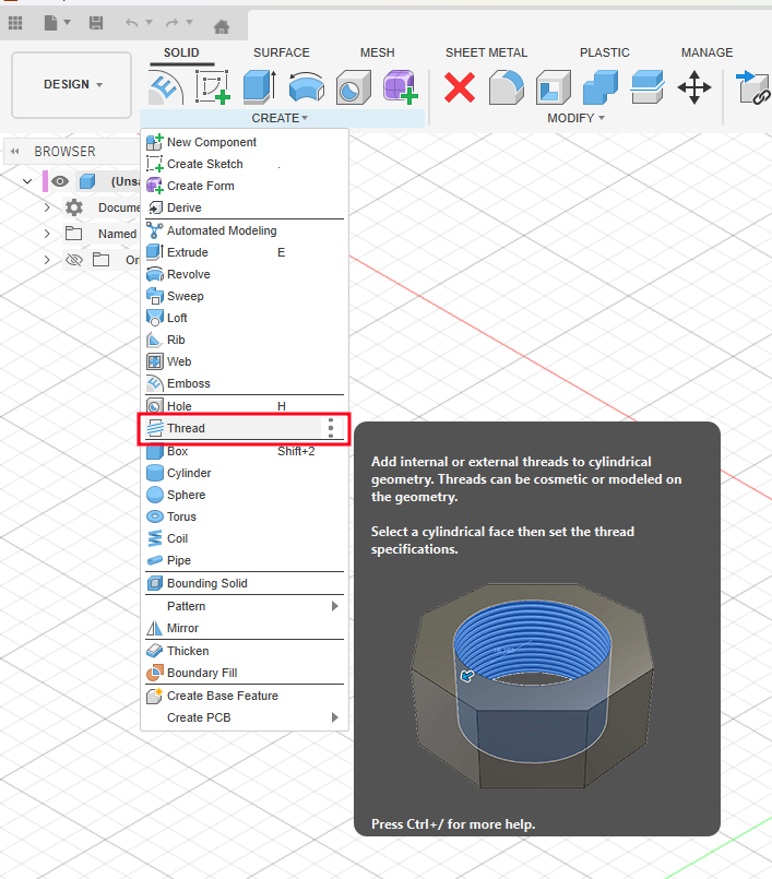 Minh họa vị trí lệnh Thread dùng để tạo ren ngoài trên Autodesk Fusion.