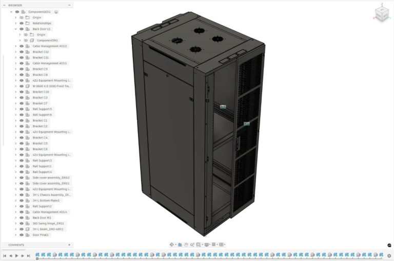 Mô hình 3D tủ điện trong Autodesk Fusion – hiển thị cây cấu trúc chi tiết với ngăn chứa, tấm đỡ và hệ thống dây dẫn.