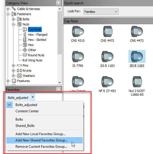 Nâng cấp công cụ Favorites trong Content Center trên Inventor 2026