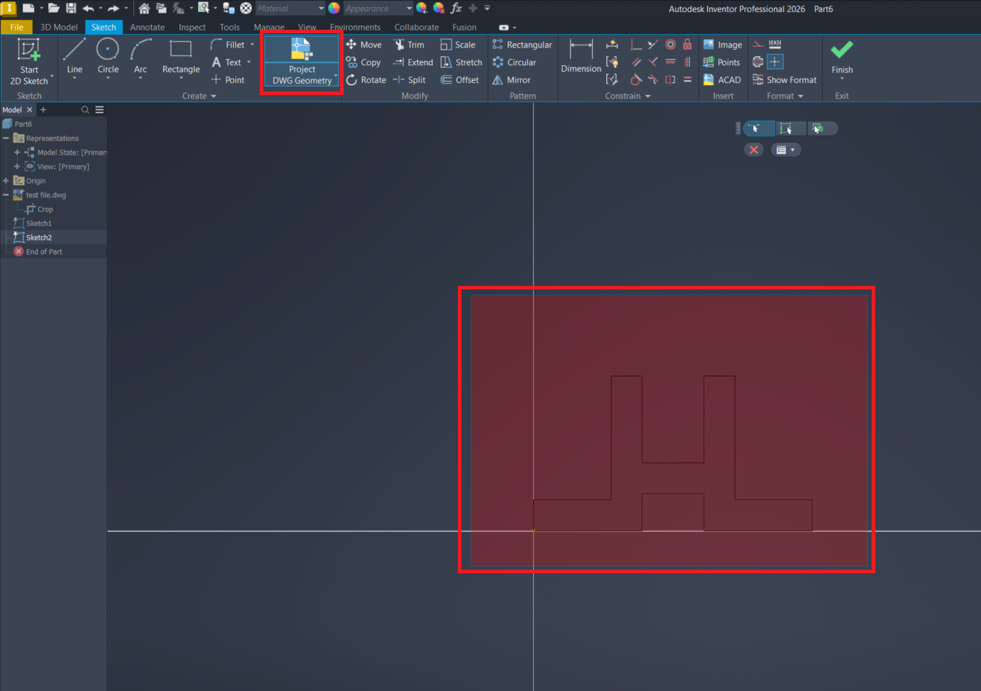 Sử dụng lệnh Project DWG Geometry để chiếu các đối tượng hình học từ DWG sang Sketch Inventor