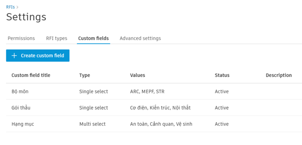 Thiết lập các trường thông tin “Custom Field”