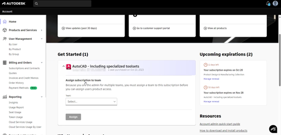 Thông báo giao điện của trang Autodesk Account