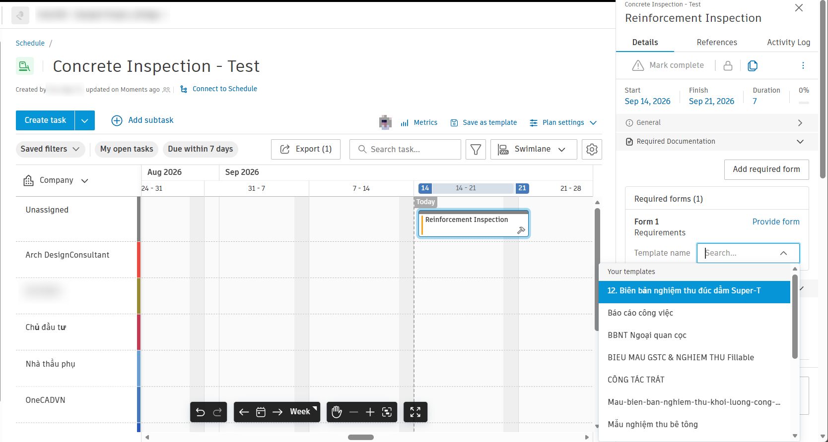 Chọn Form Template cho yêu cầu biểu mẫu trong bảng chi tiết Task.