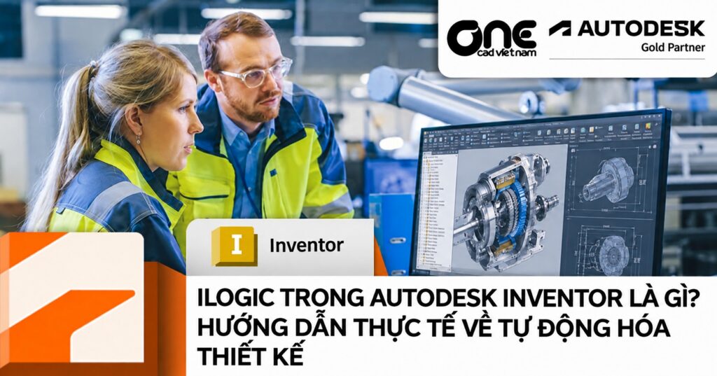 Cover bài iLogic trong Autodesk Inventor với kỹ sư thiết kế cơ khí và icon Inventor chữ I.