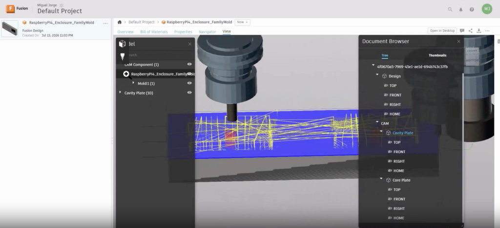 Đường chạy dao gia công khuôn được AI agent tạo trong Autodesk Fusion.