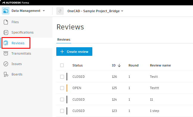 Truy cập công cụ Reviews trong dự án Autodesk Forma Data Management