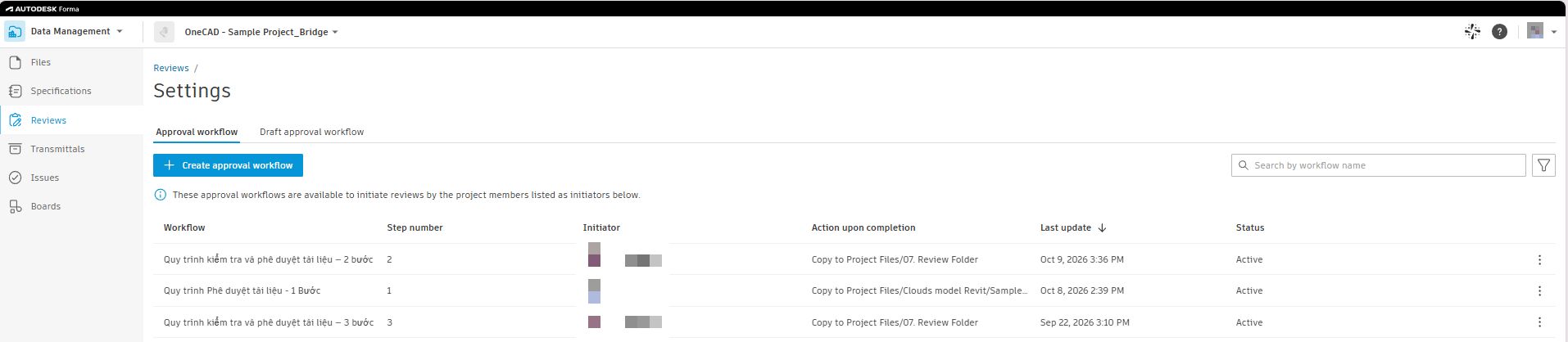 Trang Settings với tab Approval workflow và nút Create approval workflow trong Autodesk Forma Data Management