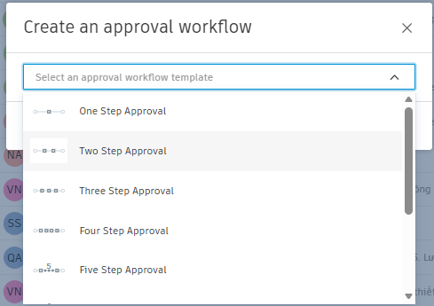 Hộp thoại tạo Approval Workflow với các mẫu phê duyệt từ một đến năm bước