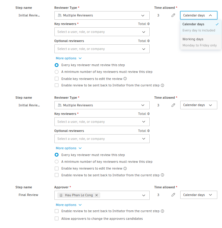 Thiết lập Multiple Reviewers, Key reviewers, Approver và thời hạn cho từng bước Review