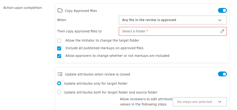 Các tùy chọn Copy Approved files và Update attributes when review is closed trong Autodesk Forma Data Management