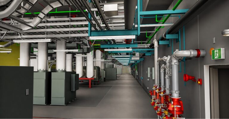 Hành lang tầng máy phát điện của nhà máy, thể hiện môi trường BIM được phối hợp đầy đủ với các hệ thống công trình được tích hợp.