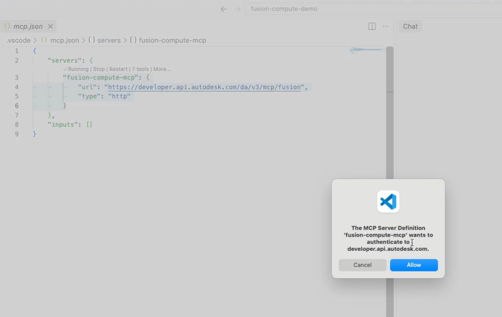 Kết nối Fusion Compute MCP và đăng nhập tài khoản Autodesk từ VS Code