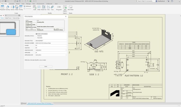 Khung tên bản vẽ Autodesk Inventor được cập nhật từ thông tin thuộc tính mô hình.