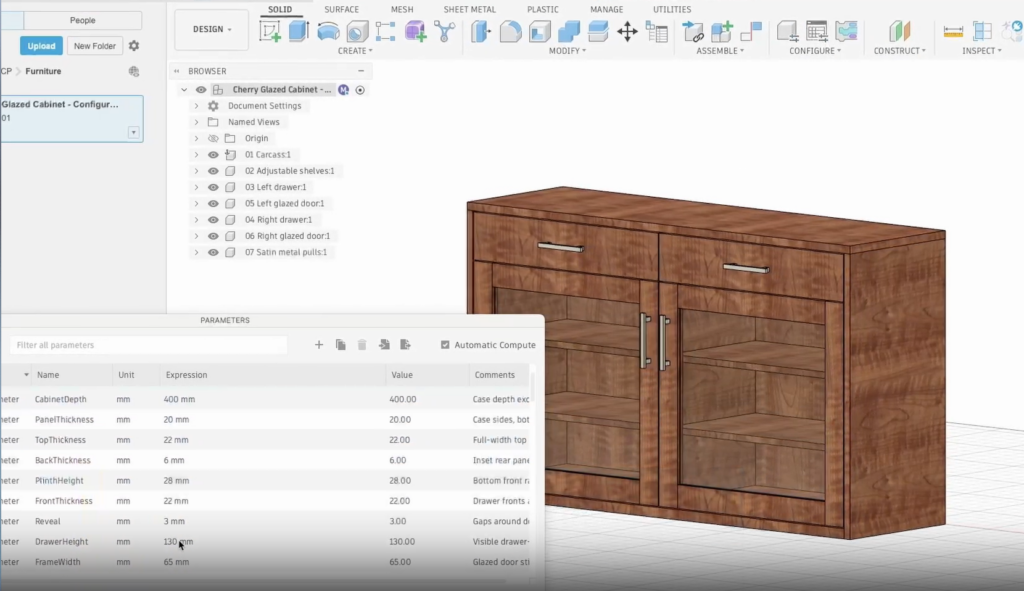 Mô hình tủ do AI agent tạo trong Autodesk Fusion có tham số và lịch sử Feature có thể chỉnh sửa.